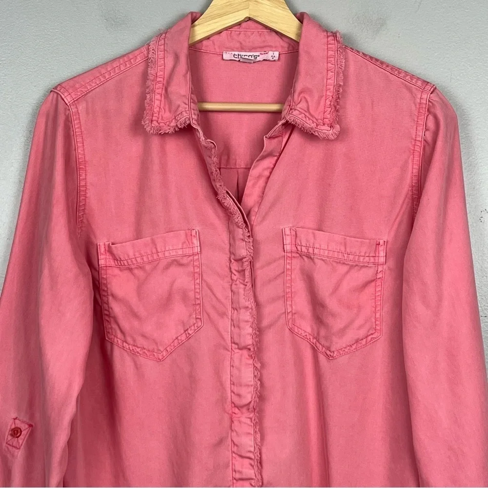 Chico’s pink 100% Lyocell fringed trim button front roll tab shirt, size 8. - Picture 5 of 11